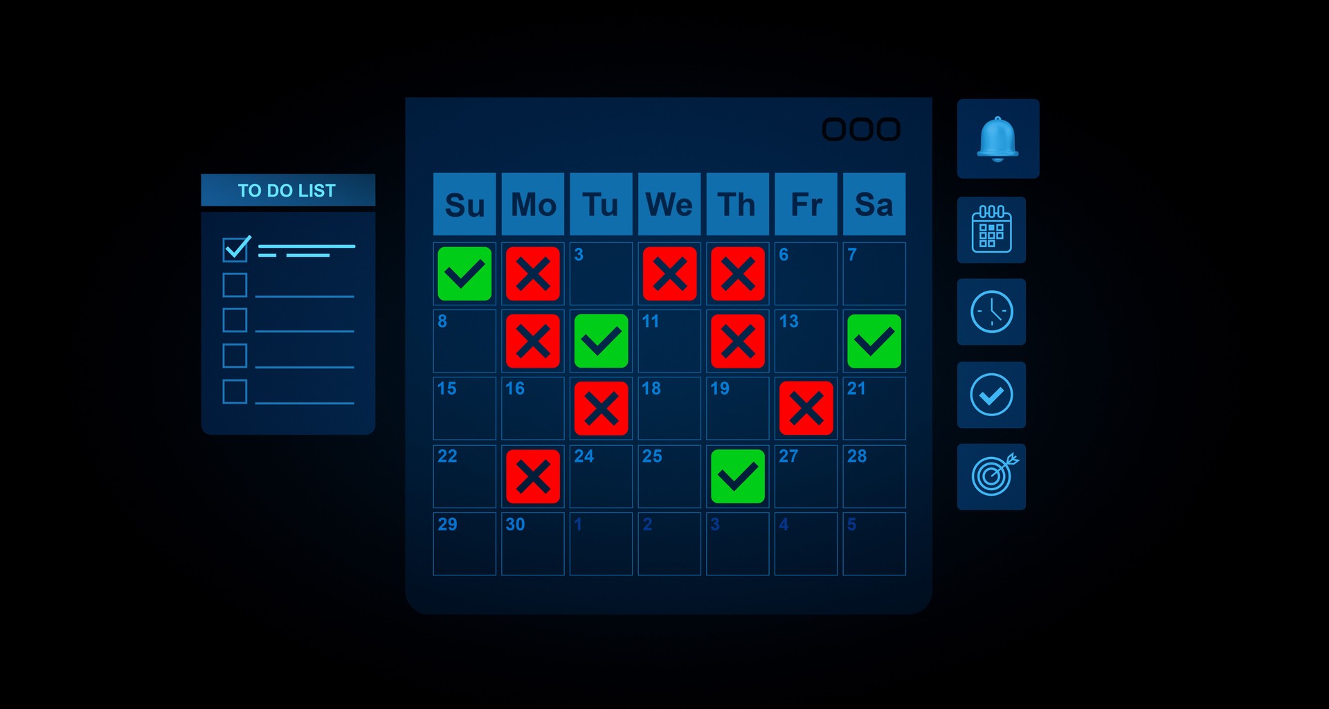 3D digital calendar interface with checkmarks and crosses for task tracking on glowing dark background, productivity planning concept.. 3D Rendering