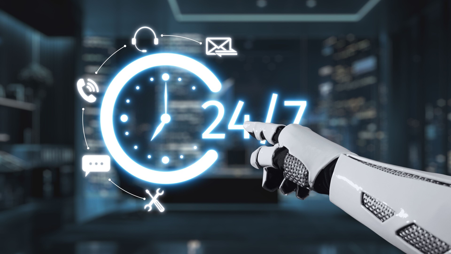 Futuristic robotic hand pointing at glowing 24-hour clock with communication icons symbolizing constant availability and modern technology in a cityscape background. Auvana