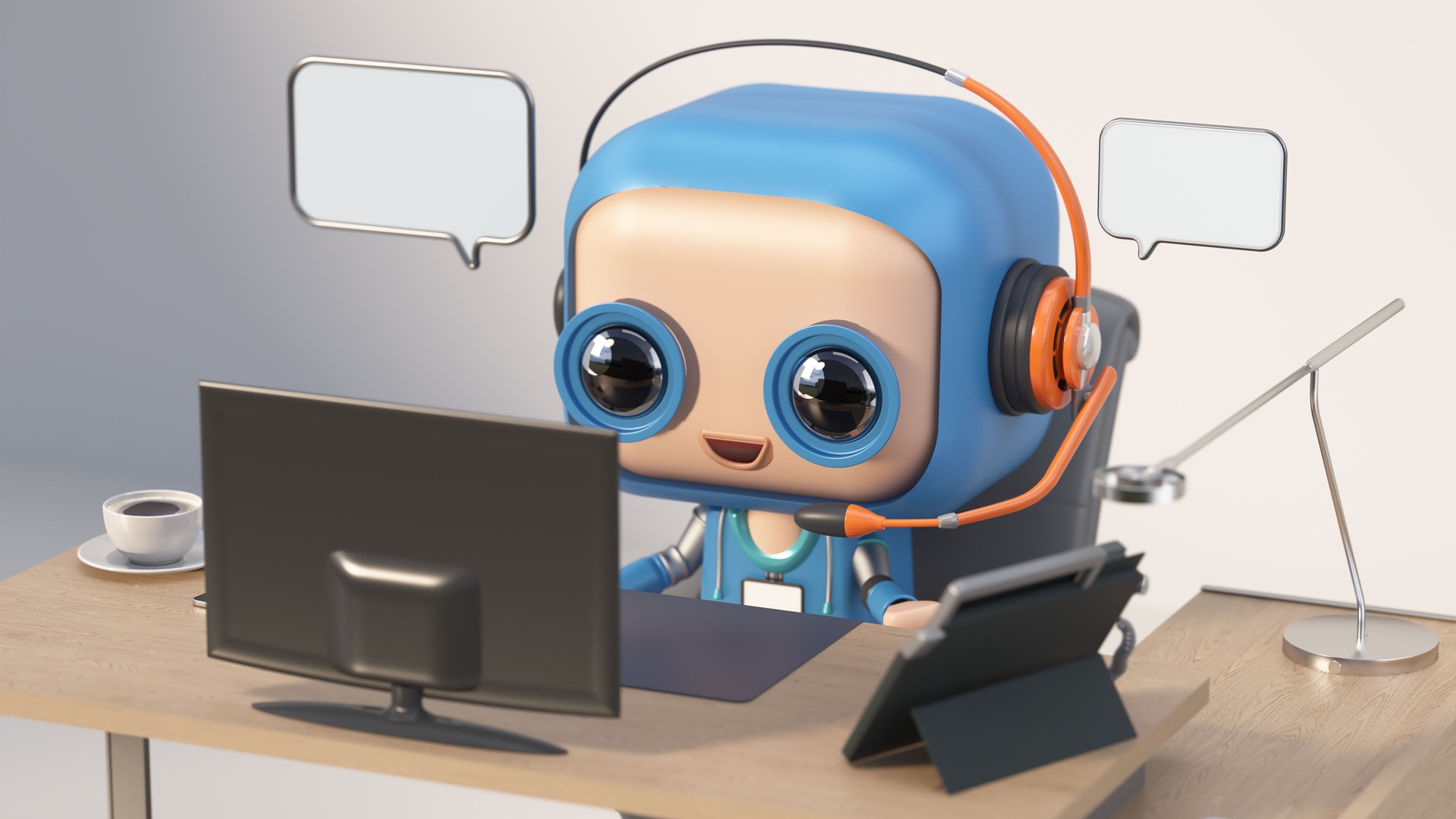 Friendly robot customer service representative engaging with users at a modern desk setup. AI and human collaboration concept